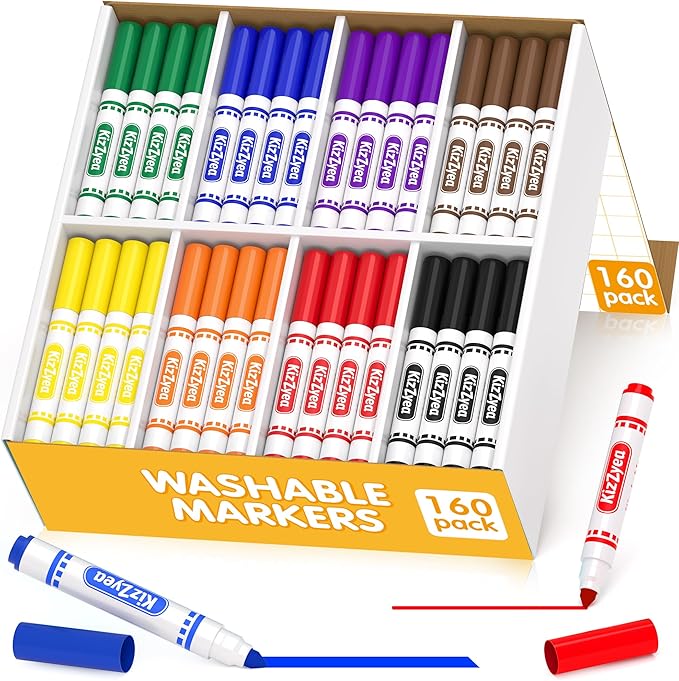KIZZYEA Washable Markers Bulk, Markers for Kids, 8 Assorted Colors, 160 Count, Broad Line Marker for School, Student Art Supplies & Back to School Crafts, Classroom Essentials for Teachers
