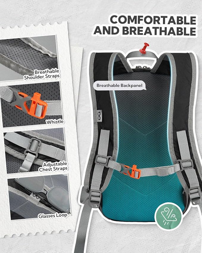 WATERFLY Small Packable Travel Backpack: 10L Ultra-Light Daypack for Adults | 9.2 oz,Water-Resistant Nylon,Breathable Mesh Straps,Reflective Strips,Emergency Whistle,Multi-Pockets,Hiking,Cycling,Commute