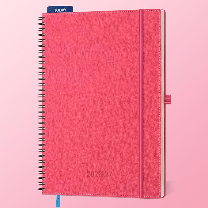 Planner 2026-2027 Daily Weekly and Monthly,11.5"x8.5",18 Months Spiral Bound Calendar Agenda with Self-adhesive Pen Holder,2026 Academic Plan with Vegan Leather Soft Cover,Rose Red