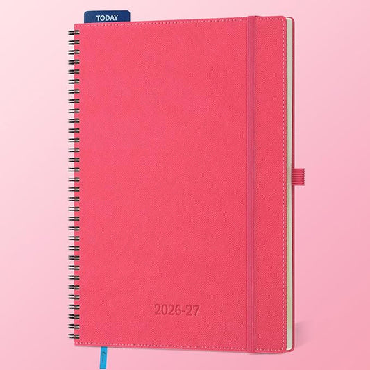 Planner 2026-2027 Daily Weekly and Monthly,11.5"x8.5",18 Months Spiral Bound Calendar Agenda with Self-adhesive Pen Holder,2026 Academic Plan with Vegan Leather Soft Cover,Rose Red