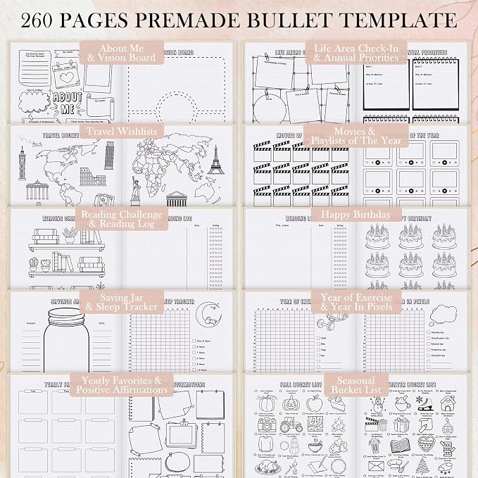 Everloria Premade Dotted Journal, 12 Months Pre-made Templates Bullet Notebook, 260 Hand-Drawn Coloring Pages, Undated Weekly & Monthly Planner, 7.8"x9.3" Linen Dot Grid Habit Mood Tracker, Beige