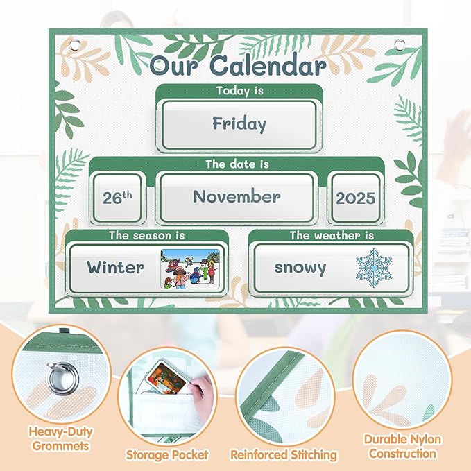 AKAYOK Classroom Calendar Pocket Chart with 70 Cards - Circle Time Calendar 2024-2028 with 2 Storage Pockets, Kids Calendar Perfect for Preschool and Homeschool Learning (Green Leaves)