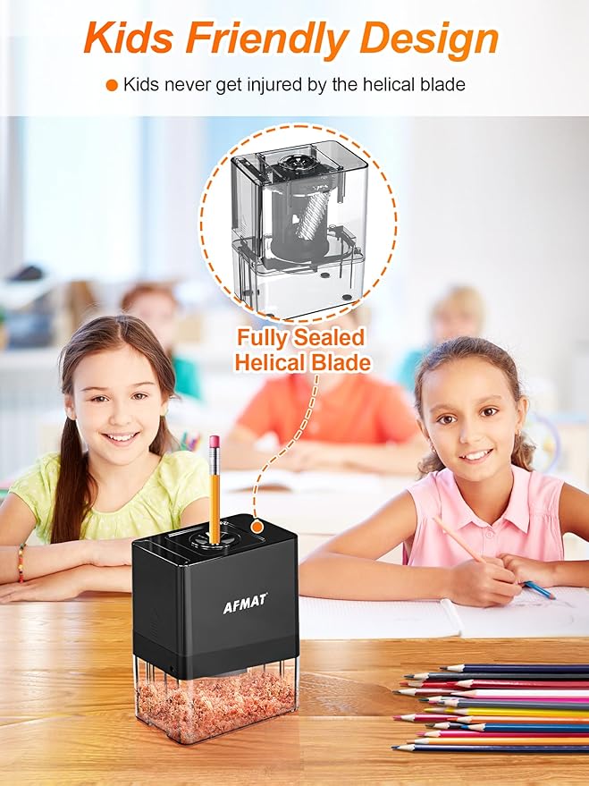 AFMAT Fully Automatic Electric Pencil Sharpener, Small Colored Pencil Sharpener, Hands Free Pencil Sharpeners for 8mm Pencils, Good for Artists, Kids Friendly, Battery Operated PSA8