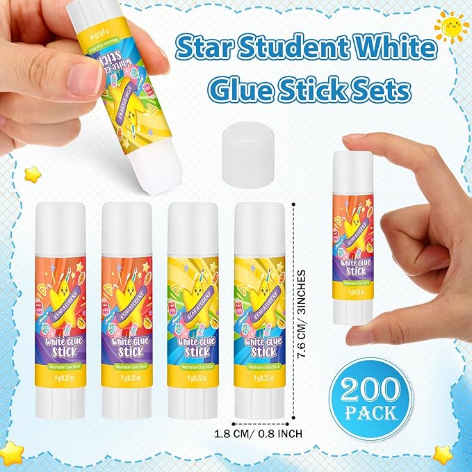 Zubebe 200 Pcs White Glue Stick Bulk Back to School Gifts First Day Sets 0.32 oz Washable Glue Stick for Crafts Home Classroom Prize Party Supplies Scrapbooking Crafting Supplies (Star)