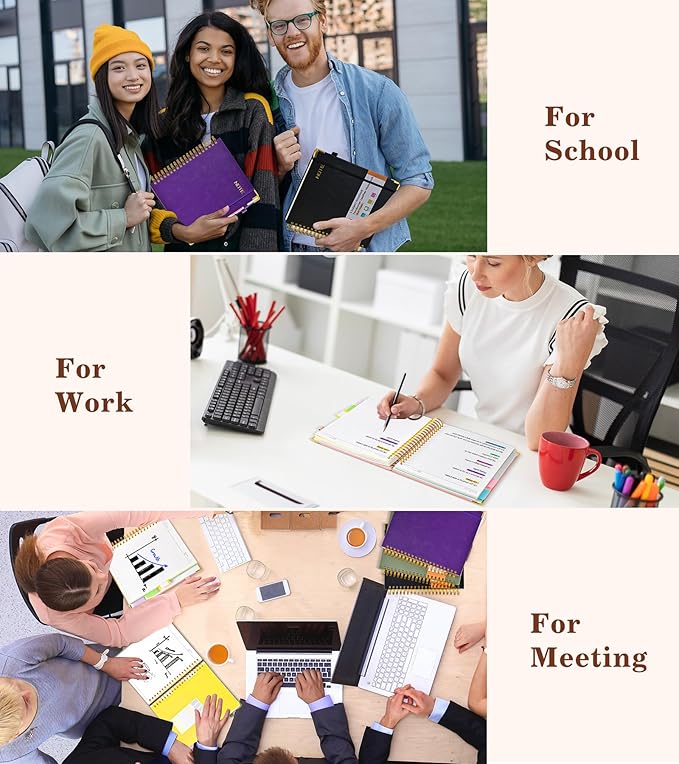 Hardcover Large Spiral Notebook 8.5" x 11" with Removable Dividers Tabs, 300 pages Leather 5 Subject Notebook College Ruled, A4 Journal for Women Men, Notebooks for Work School Note taking,Purple