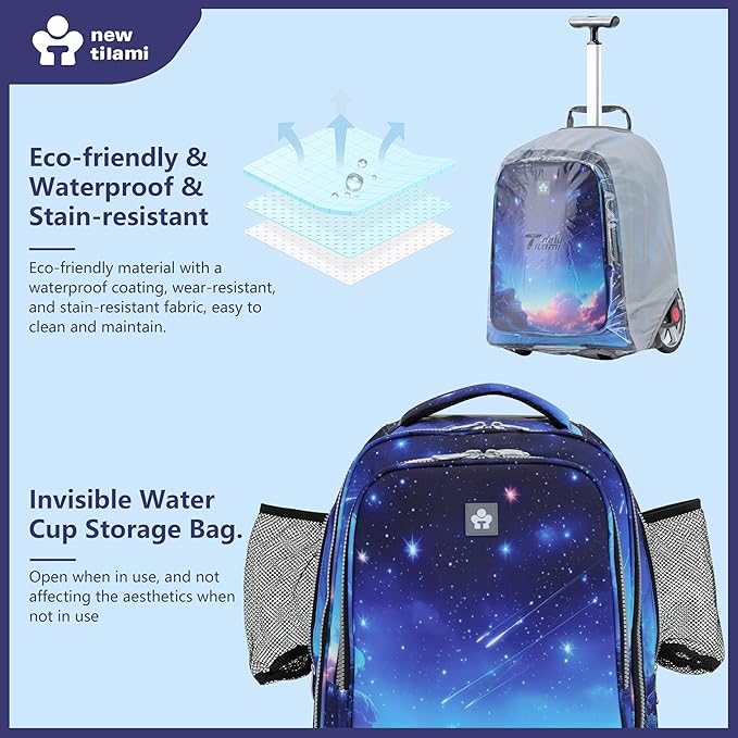 NEW TILAMI 20" Rolling Backpack for Teens Adults, Climbing Stairs Waterproof Backpack with Wheels for School Business Trave Camping with Laptop Compartment, Fit 17 Inch Laptop, Spacey Blue