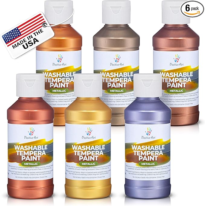 Metallic Washable Tempera Paint – 6 Shimmer Colors, 4 fl oz Bottles, Non-Toxic Kid-Safe School & Craft Paint, Easy Cleanup, Classroom Art Supplies, Made in USA