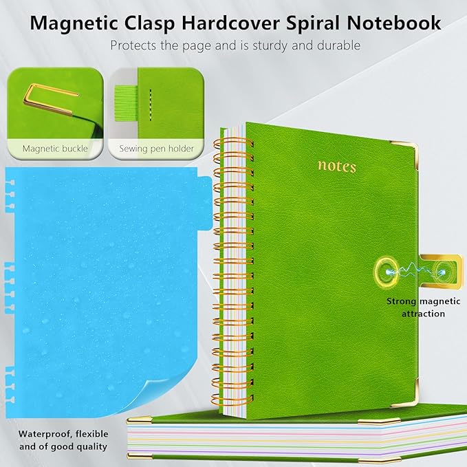 Hardcover Spiral Notebook College Ruled, 6.2"x 8.2" Leather Journal Notebook with Magnetic Closure, 300 Pages 5 Subject Notebook with Dividers Tabs Journal for Women Men, Work, School(Grass Green)