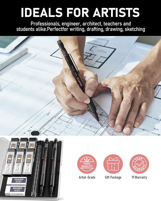 Nicpro 0.5 mm & 0.7 mm Metal Mechanical Pencil Set with Case, 2 PCS | Heavy Duty Lead Pencil + 6 Tube HB 2B Lead Refill, Eraser, Weatherproof Metal Barrel for Outdoor Writing Drafting Drawing