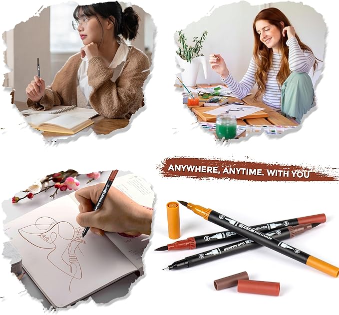 ZSCM Brown Duo Tip Marker Pens, 12 Pack Fine & Brush Markers for Adult Coloring Books No Bleeding, Earth Brown Markers for Wood Texture, Animal Fur, Vintage Effects and Antique Coloring