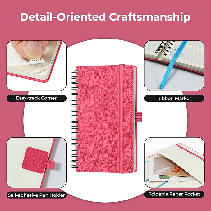 Planner 2026-2027 Daily Weekly and Monthly,6.5"x3.75",18 Months Spiral Bound Calendar Agenda with Self-adhesive Pen Holder,2026 Academic Plan with Vegan Leather Soft Cover,Rose Red
