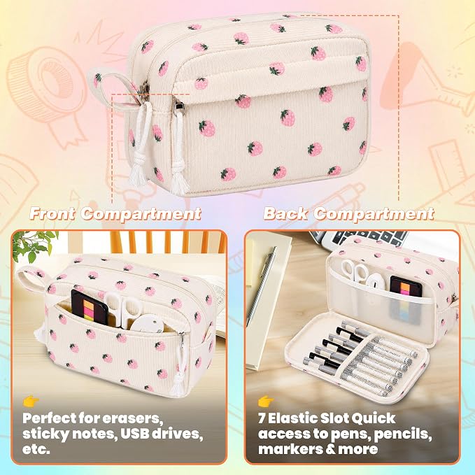 Big Capacity Pencil case,Soft Corduroy Pencil Bag with 3 Compartment,Pencil Pouch School Supplies Cute Pencil Box Pencil Bag for Teen Girls Boys College (Pink Strawberry)