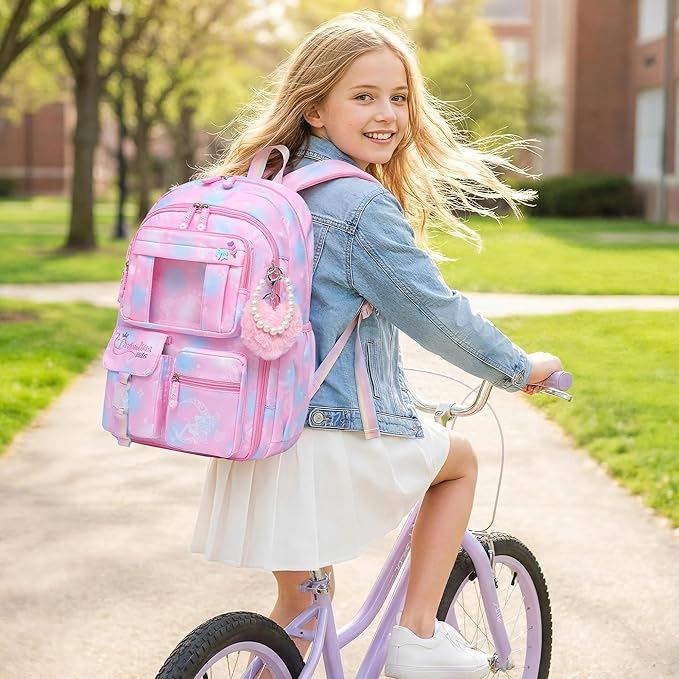 Alrisg Girls Backpack for Kids Elementary Middle School Cute Student Bookbag School Bag Pink