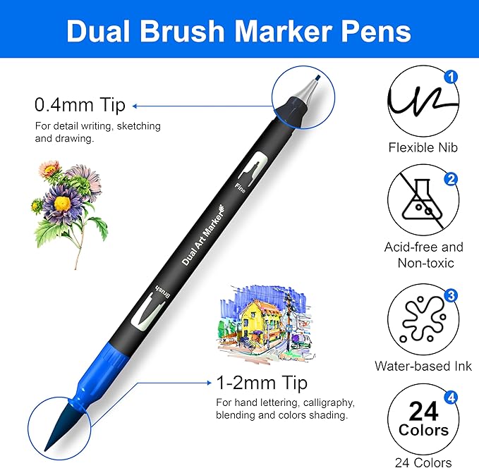 Halobios Dual Brush Marker Pens, 24 Colors Art Markers with Fine and Brush Tip Coloring Markers for Adults, Marker for Journaling Calligraphy Drawing Sketching Doodling Illustrating
