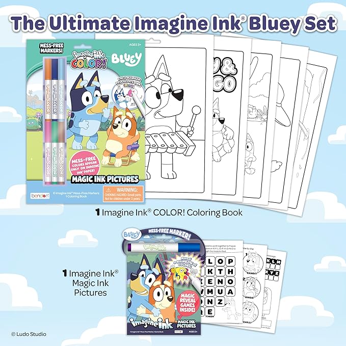 Bendon Official Bluey Imagine Ink Coloring Book Set 2 Pack with Mess-Free Markers, 16 Pages, 6 Magic Ink Markers, Built-in Storage Case, Travel Gift for Kids Ages 3+