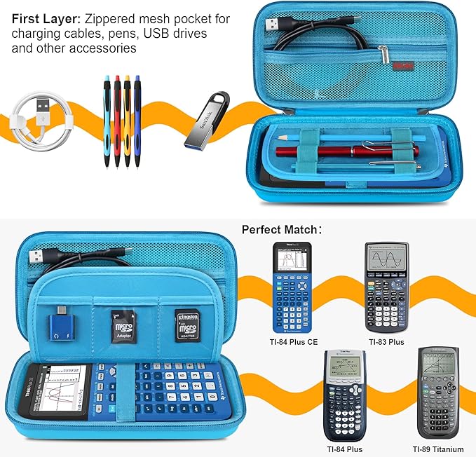 Elonbo Carrying Case for Texas Instruments TI-84 Evo/TI-84 Plus CE Evo Graphing Calculator, Extra Mesh Pocket Fits Charging Cable Charger Manual, Blue