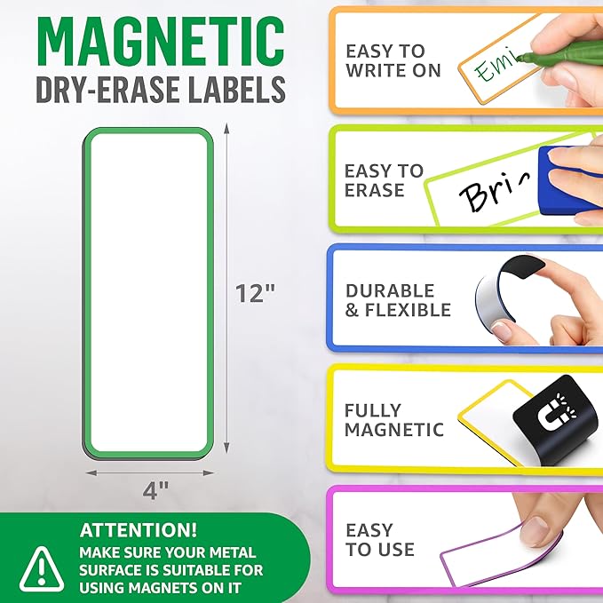 12 Pack Dry Erase Magnetic Labels 12x4 in - Magnetic Name Tags for Classroom Lockers School Bus - Classroom Magnets for Names - Magnet Labels for Whiteboard - Magnet Names Plates for Classrooms