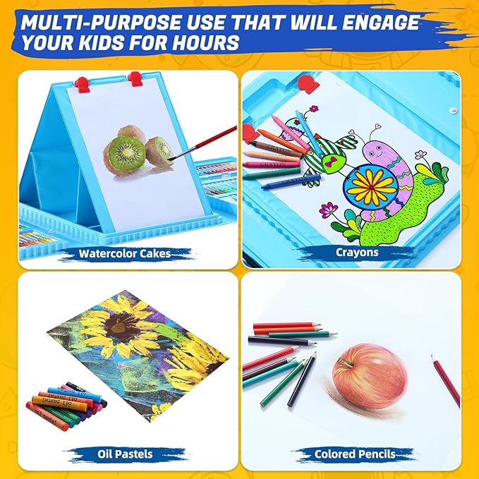 All in One Art Supplies, Art Kit Includes Origami & Paper-Cutting Crafts, Easel, Colored Pencils, Crayons, Drawing Book, Coloring Book, Watercolor Markers and More, Art Set for Kids Girls Boys, Blue
