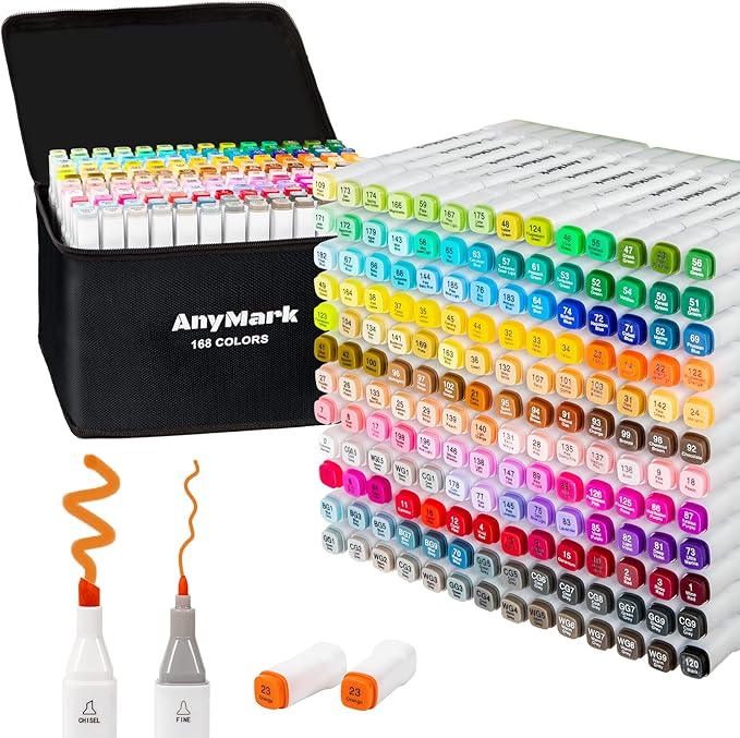 AnyMark Alcohol Markers, 168 Colors Dual Tip Art Coloring Markers Set for Kids Adult Book Drawing Sketching Painting, Chisel & Fine, White Penholder