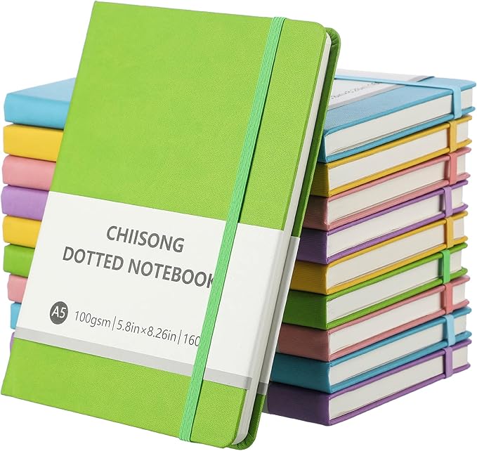 Chiisong 10 Pack Bullet Dotted Journal Notebook Bulk, A5 Dot Grid Notebook with 100 GSM Paper, Leather Hardcover Dotted Journal with 160 Pages for Women Men Writing Journaling Planning, 5.7 x 8.3 Inch