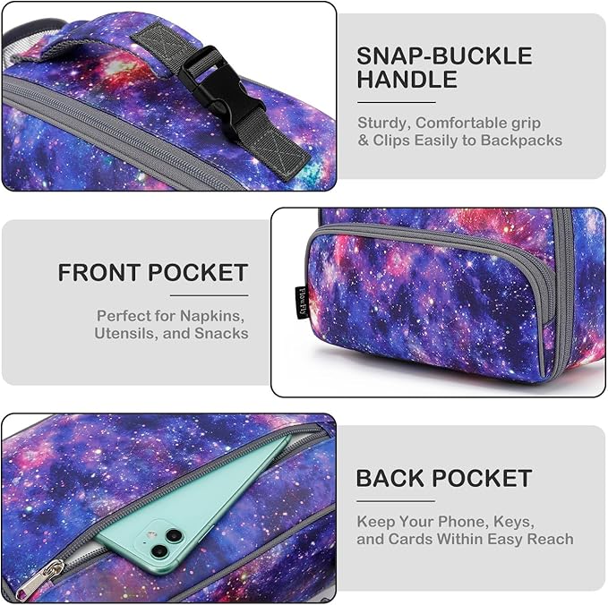 FlowFly Kids Lunch box Insulated Soft Bag Mini Cooler Back to School Thermal Meal Tote Kit for Girls, Boys, Galaxy