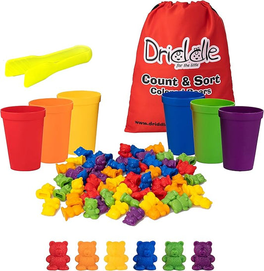 Driddle Colorful Counting Bears with Matching Cups - 60 Bears - Sort, Count & Color Recognition Learning Toy for Toddler & Kids - Montessori Education - Preschool Game
