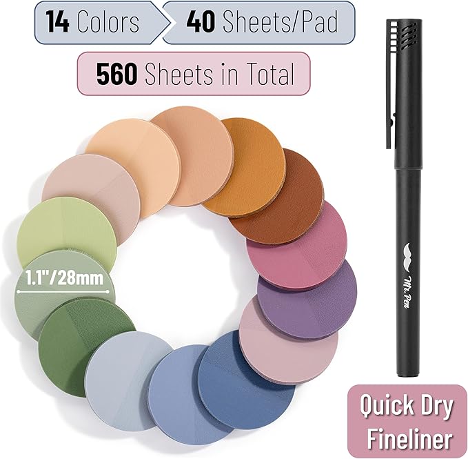 Mr. Pen- Round Transparent Sticky Notes, 1.1” Diameter, 14 Pads, 560 Sheets, Colorful, Water-Resistant See-Through Sticky Notes & Fineliner, Smooth Writing, Note Tabs for Bible Journaling, Studying