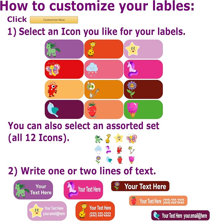 Waterproof Name Labels – Girls, Boys and Kids Icon Designs. 126 Custom Stickers for School, Daycare and Camp. Personalized Labels, Dishwasher and Microwave Safe, Machine Washable.