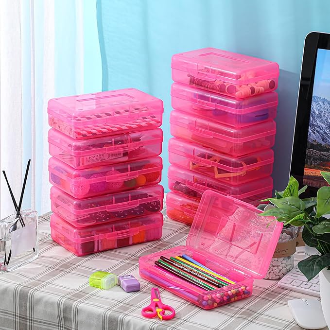 Leelosp 12 Pack Clear Pencil Boxes for School Bulk, Large Plastic Pencil Case with Lid, Stackable Hard Crayon Storage Box for Classroom Kids, Desk Drawer Organizer for Office Home(Pink)