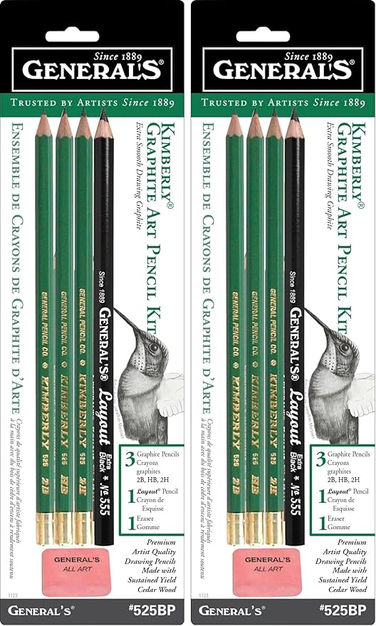 GENERAL'S Mini Drawing Kit - Set of 5 Includes 3 Drawing Pencils, Layout Pencil, and Eraser, Black - 525BP (Pack of 2)