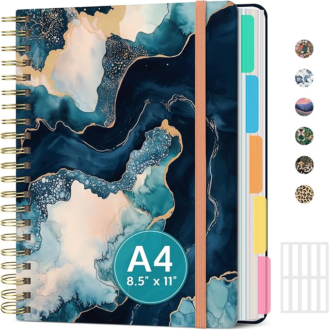 Large Spiral Notebook with Dividers & Tabs, 8.5" x 11" Hardcover 5 Subject Notebook for Work, 280 Pages, College Ruled, Cute Journal for Women, Perfect for Study & Office Note Taking, Golden Dusk