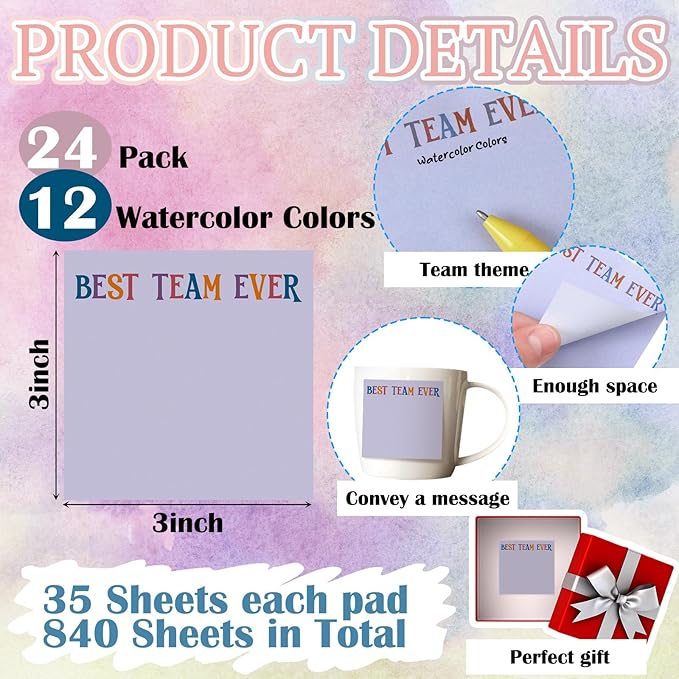Yinder 24 Pcs Inspirational Sticky Notes Cute Motivational Sticky Notes Pad End of Year Employee Appreciation Gifts Bulk for Teacher Nurse Coworkers Office Supplies 3 x 3'' (Team,Aesthetics)