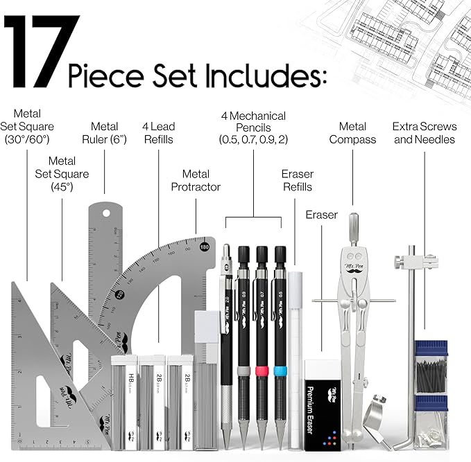 Mr. Pen- Professional Geometry Set, 17 pcs, Metal Compass, Mechanical Pencils, Rulers, Protractor & Set Squares, Lead Refills, Extra Screws & Needles, Drafting Kit for Math, Engineering & Architecture