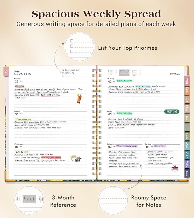 Academic Planner 2026-2027, Hardcover Weekly and Monthly Calendar Planner from July 2026 - June 2027, 6.1" x 8.2" A5 Daily Agenda with Tabs, College School Organizer for Student Teacher, Wildflower Mountainside