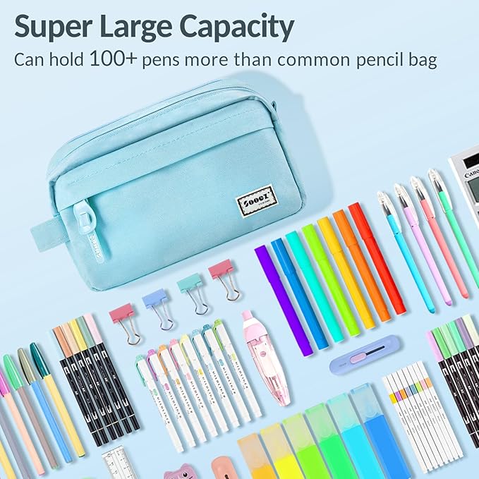 Sooez Original High Capacity Pencil Case, Big Pencil Bag Pouch Box Organizer Pen Case, Aesthetic Supply for Girls Adults, Portable Journaling Supplies with Easy Grip Handle & Loop, Blue