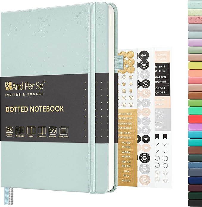 &And Per Se Dotted Journal Notebook, A5 Hardcover Leather Dotted Journal, 160 Pages 100gsm Thick Dot Grid Paper, 3 Sheets of Stickers Included - 5.7'' x 8'' (Cyan)