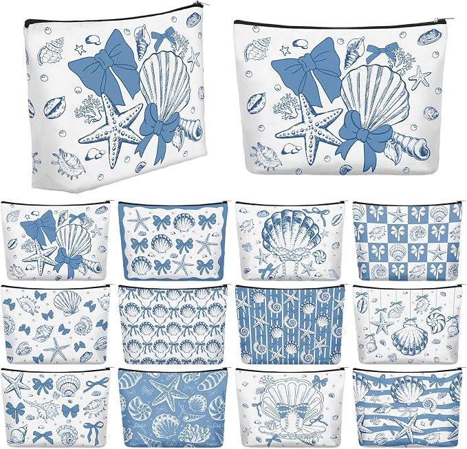 Reginary 12 Pcs Ocean Bow Makeup Bags Beach Gifts for Women Seashell Starfish Cosmetic Bags with Zippers Coquette Aesthetic Pouch Bulk Gifts for Stuff Nautical Party Favors Supplies Travel Accessory