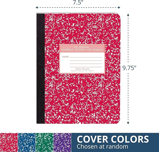 ROARING SPRING Hard Cover Composition Notebook, Assorted Colors Marble Comp Book, 9.75″ x 7.5″, Wide-Ruled with Margin, 100 Sheets (200 Pages), Made in USA