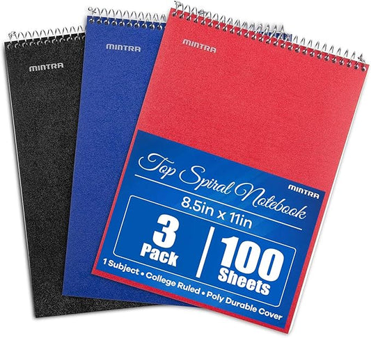 Mintra Office TOP BOUND Durable Spiral Notebooks (Black, Blue, Red, College Ruled 3pk)