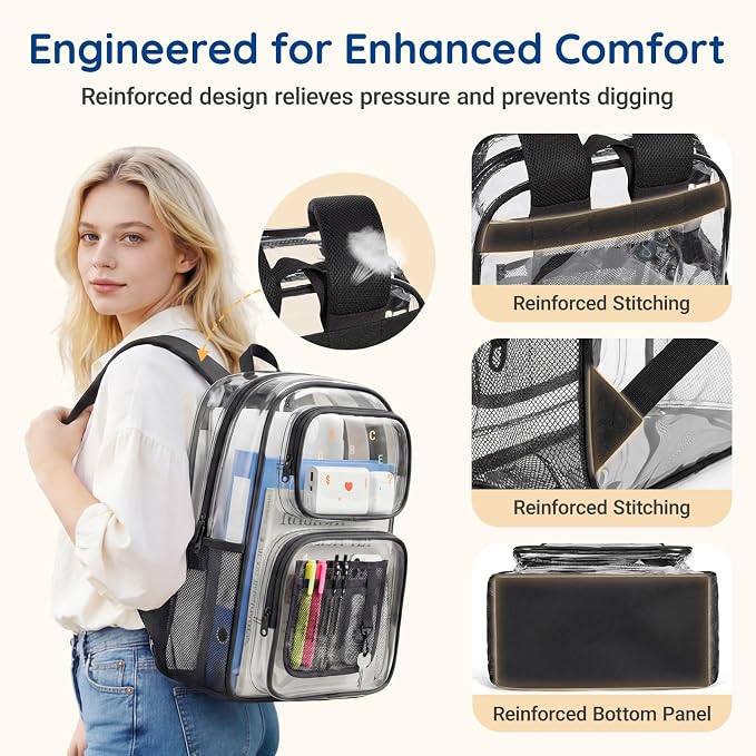 mommore Clear Backpack Set for School, Large Heavy Duty Transparent Bookbag with Pencil Bag for Boys Girls, 17 inch See Through PVC Plastic Backpack with DIY Patches for College Work Casual
