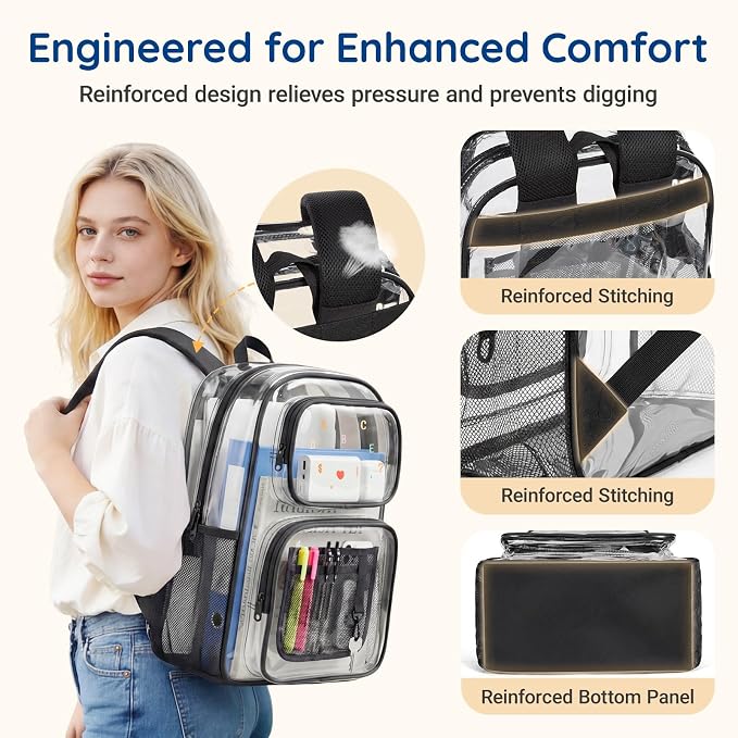mommore Clear Backpack Set for School, Large Heavy Duty Transparent Bookbag with Pencil Bag for Boys Girls, 17 inch See Through PVC Plastic Backpack with DIY Patches for College Work Casual