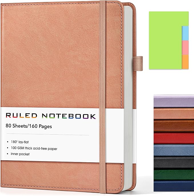 Lined Journal Notebook, A5 Hardcover Leather Journals for Writing, 160 Numbered Pages, 5.7'' x 8.3'' Journaling Notebooks for Men Women, Thick Paper College Ruled Journal for Work Office School, Pink