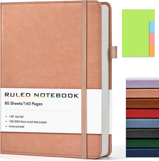 Lined Journal Notebook, A5 Hardcover Leather Journals for Writing, 160 Numbered Pages, 5.7'' x 8.3'' Journaling Notebooks for Men Women, Thick Paper College Ruled Journal for Work Office School, Pink