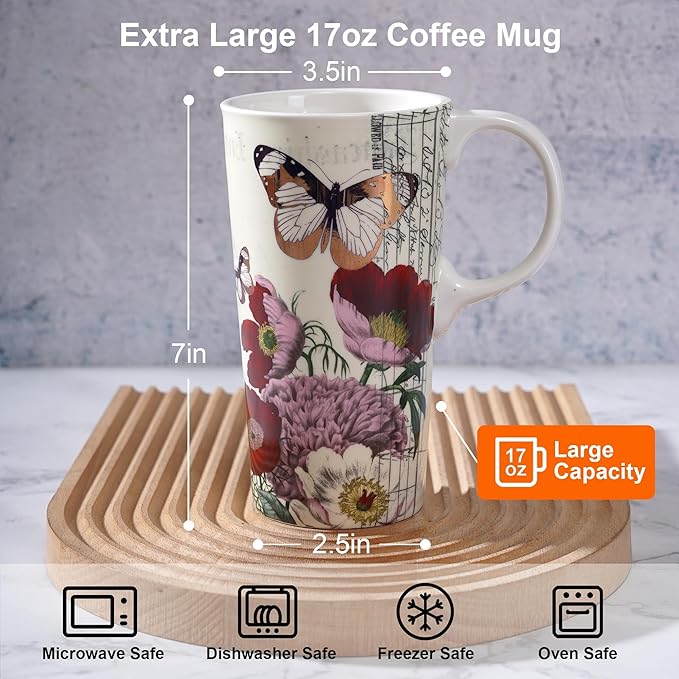 Topadorn 17 oz Ceramic Coffee Mug with Lid and Gift Box, Large Floral Coffee Cup with Handle, Porcelain Tea Mug for Women, Butterfly Design for Home Office