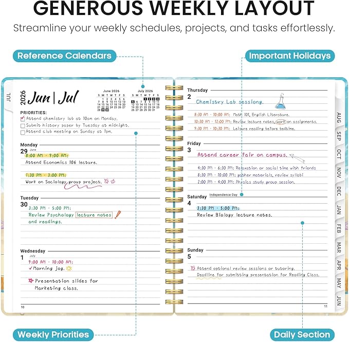 Planner 2026–2027, Academic Monthly Weekly Spiral Calendar, July 2026 – June 2027, Hardcover Agenda Notebook with Tabs, 6.3" x 8.5", Perfect for Students, Teachers, School & Daily Planning - Beach Pups