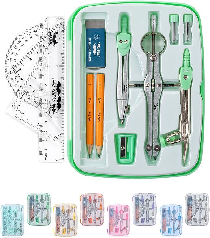 Mr. Pen- Geometry Set, 13 pcs, 3 Metal Compasses, Protractor, 6" Ruler, 45° & 30°/60° Set Squares, Pencils, Lead Refills, Sharpener & Eraser for Math, Drafting & Classroom Use