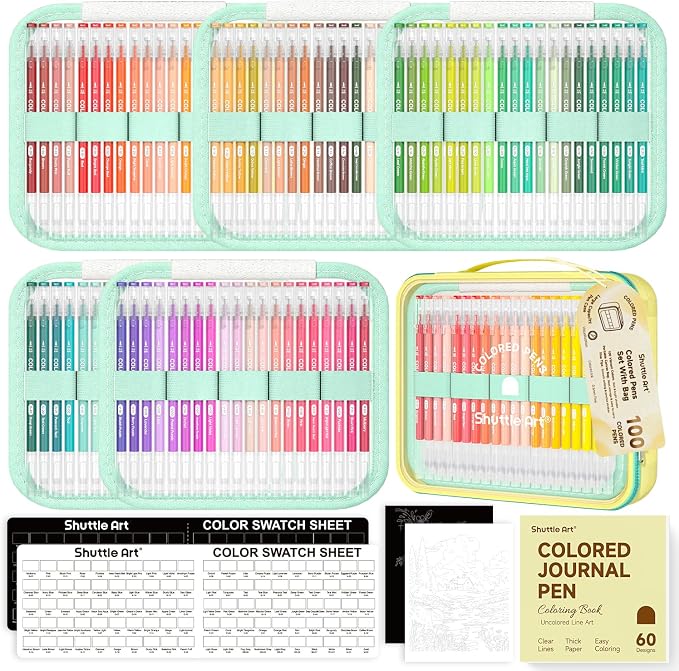 Shuttle Art Colored Pens, 100 Vibrant Colors Cute Journal Pens 0.6mm Fine Point Colored Gel Pens for Black Paper in Portable Bag for Coloring Writing Drawing Journaling Note Taking School Office Home