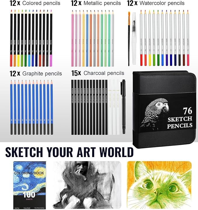 TMOL 76 Pack Art Supplies Sketching Kit with 100 Sheets 3-Color Sketchbook, Drawing Pencils Include Graphite Colored Charcoal Watercolor & Metallic Pencils, for Kids Adults Beginner Artists