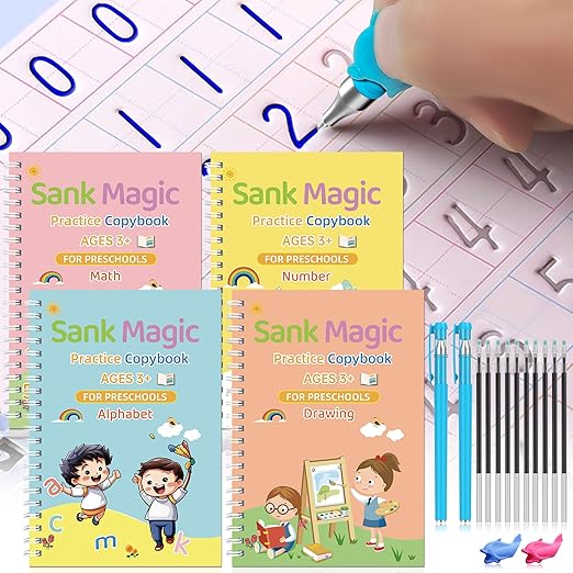 Magic Grooved Writing Practice|Grooved Handwriting Practice for Kids|Grooved Writing Books for Kids 3-5/3-10|4-in-1 Set with 2 Grips, 10 Disappearing Refills|Reusable ink Pen Control Training.