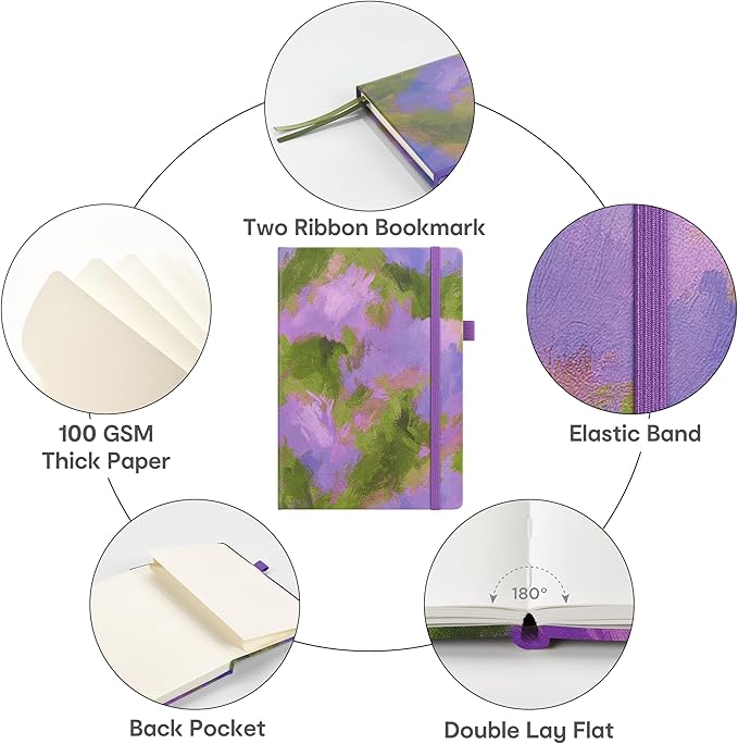 &And Per Se Dotted Journal Notebook, A5 Hardcover Aesthetic Dotted Notebook – 160 Pages 100gsm Thick Dot Grid Paper, 3 Sticker Sheets – Gift-Ready Journaling Kit for Women (Lavender Grove)